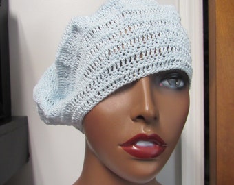 Solid crochet light blue spring and summer beret, handmade berets, light weight berets, berets, hair nets, hair coverings, cotton berets