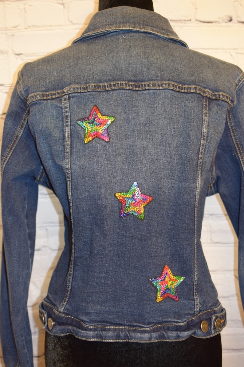 Women/'s Jean Jacket with Patches Women/'s Denim Jacket with Patches