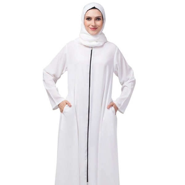 NHF Zip Open White Abaya Trend-setting Handmade Islamic Modest Traditional Finest Arabic Luxury Casual Abayas Fashionable Cape