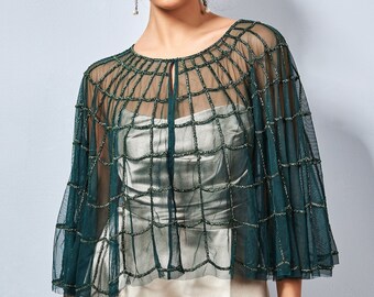 Kim Embellished Cape in Green Silver 20s Inspired Flapper Wedding Prom Jacket Bolero Great Gatsby Art Deco Downton Abbey Beaded Shrug Cape