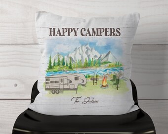 Happy Campers Fly Fishing Fifth Wheel RV Throw Pillow Personalized/Watercolor Mountains & Mountain Stream Camping /Faux White Wood RV Decor