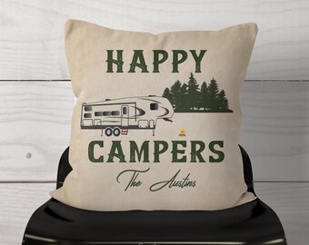 Happy Campers Fifth Wheel Camping Throw Pillow Personalized / Fun Fiver RV At Forest Campsite / Beige Texture Color/ RV Fiver Glamping Decor