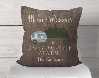 Personalized Making Memories Retro RV Camper Throw Pillow One Campsite At A Time W/Name - Faux Dark Wood / Glamping Rustic RV Decor