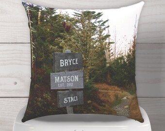 Hiking Trail Signs Throw Pillow Personalized Wedding Gift / Anniversary Gift/ Engagement Gift / Wilderness Forest Trail / Couples Hiker Gift
