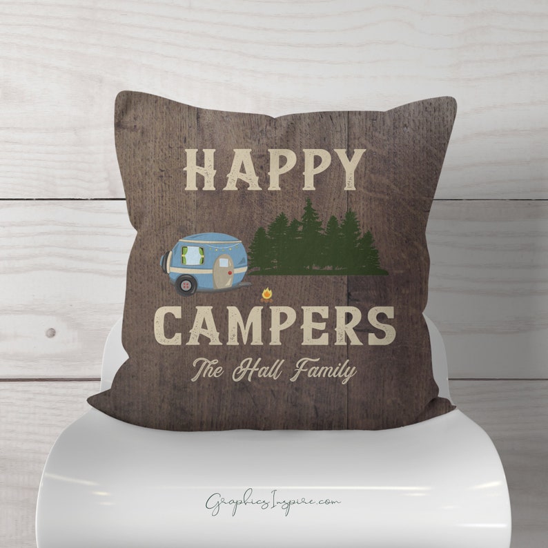 Personalize Happy Campers Rv Camping Throw Pillow W Name Etsy
