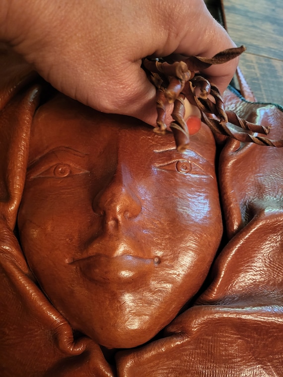 Vintage Sculptural Molded Leather Human Face Cros… - image 5