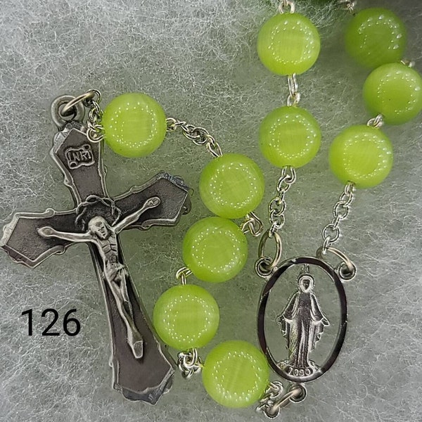 Handmade Rosary,  10mm Pistachio Green Cat Eye Beads