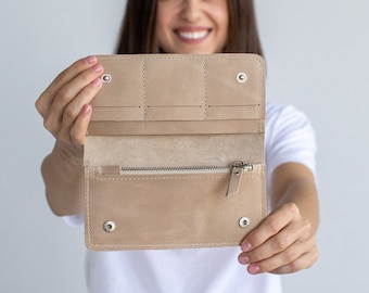 Cartera fina de piel de vacuno personalizada para San Valentín • Cartera de piel para mujer con cremallera • Monedero fino de piel • Cartera de piel para mujer