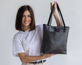 Black leather tote bag | Personalized leather shoulder bag | Leather crossbody tote bags | Women’s work leather bag | Leather teacher bag