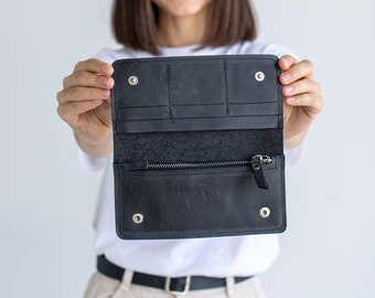 Cartera de cuero para mujer / Cartera de cuero para mujer hombre / Cartera delgada de cuero / Cartera de cuero para personalizar dinero / Cartera larga de cuero
