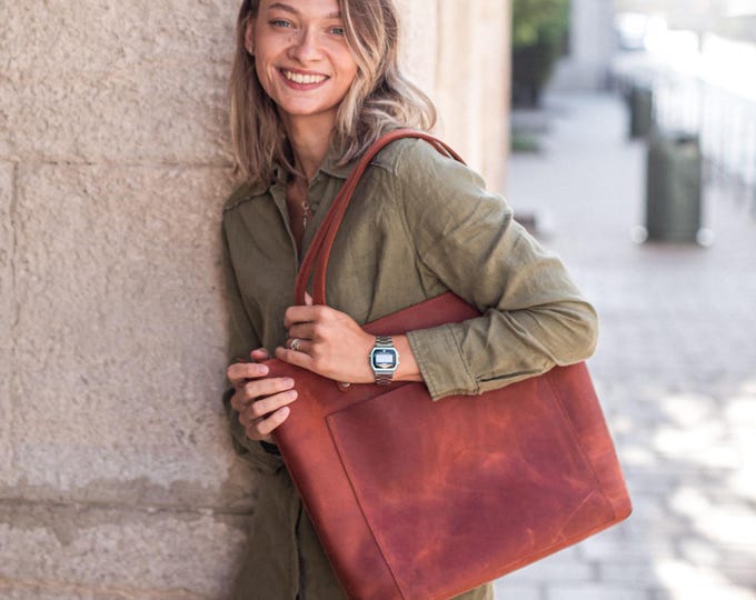 Genuine Leather Tote Bag, Personalized Teacher Gift, School Purse