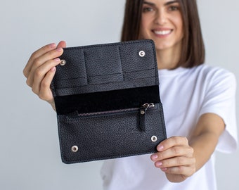 Cartera de cuero de guijarros negros / Cartera de cuero para mujer / Cartera de cuero para mujeres / Cartera delgada de cuero / Cartera larga de cuero / Regalo de cuero