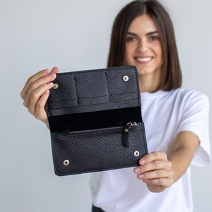 Cartera de cuero de guijarros negros / Cartera de cuero para mujer / Cartera de cuero para mujeres / Cartera delgada de cuero / Cartera larga de cuero / Regalo de cuero