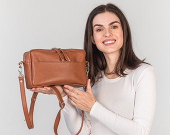 Leather Crossbody Bag for Women Men | Leather Shoulder Bag | Leather Bag with Zipper and Pockets | Personalization Leather Crossbody Purse