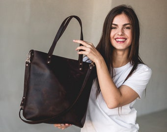 Echt lederen draagtas lederen jubileum huwelijkscadeau voor vrouwen mannen rits lederen tas aangepast cadeau voor haar reizen essentieel