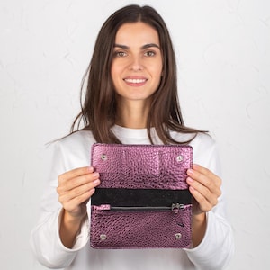 Cartera de cuero elegante hecha a mano con bolsillo con cremallera, diseño delgado, 6 ranuras para tarjetas, billetera duradera y elegante para hombres y mujeres