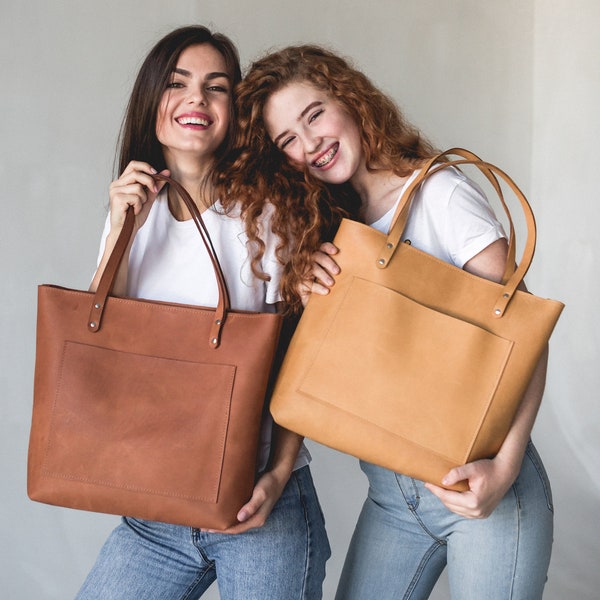 Leder-Einkaufstasche für Frauen Groß mit Reißverschlusstasche Handgemachte Braune Tasche mit Schultergurt Schultertasche Crossbody Messenger Handtaschengriffe