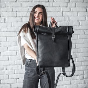 Leder Roll Top Rucksack • Großer Lederrucksack • Handgefertigter Laptop Rucksack • Damen Lederrucksack • Täglicher Rucksack