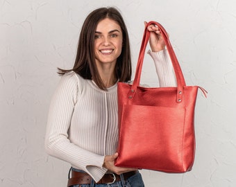 Bolso de mano de cuero rojo metálico guijarros / bolso de hombro de cuero de guijarros de personalización / bolso de mano de mujer de cuero rojo genuino para uso diario