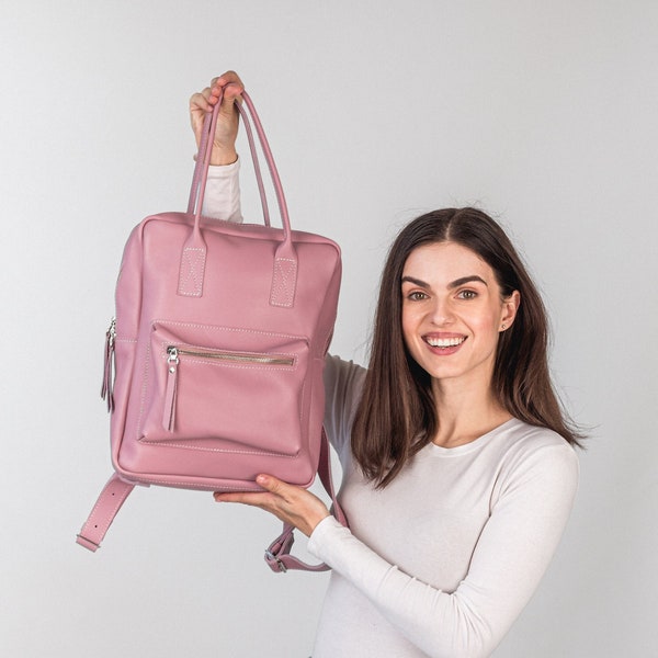 Genuine Pink Leather Backpack for Everyday Use | Handmade Leather City Backpack | Leather Urban Backpack | Women's Leather Travel Rucksack