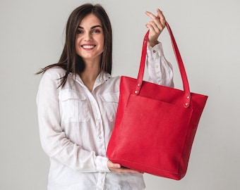 Red Leather Women Tote Bag • Soft Leather Shoulder Bag • Leather Work Bag With Zipper • Custom Tote Leather Bag • Leather Crossbody Bag