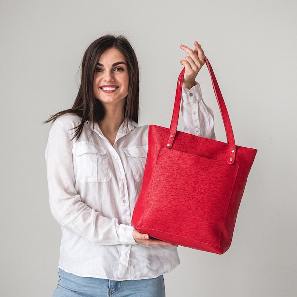 Red Leather Women Tote Bag • Soft Leather Shoulder Bag • Leather Work Bag With Zipper • Custom Tote Leather Bag • Leather Crossbody Bag