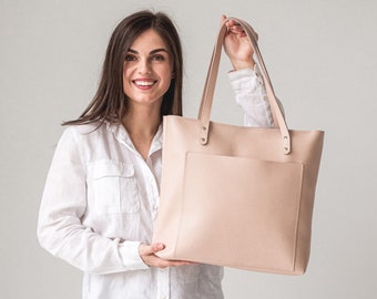 Soft leather tote bag for women • Leather shoulder bag with pockets •  Minimalist tote bag • Leather teacher tote bag • Bridesmaid tote bag