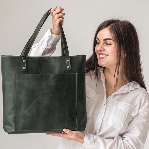Women Leather Tote Bag Green Leather Shoulder Bag With - Etsy