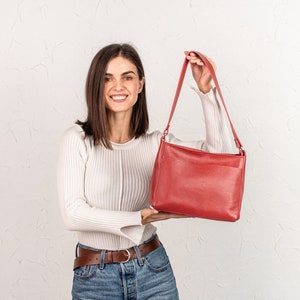 Red Pebbled Leather Shoulder Bag | Genuine Pebbled Leather Handbag with Zipper and Outside Pocket | Handmade Cowhide Pebbled Leather Purse