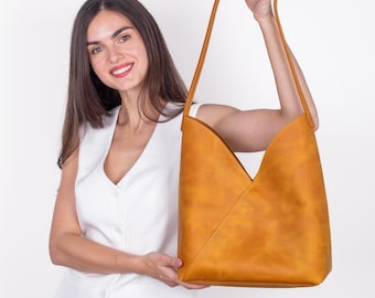Golden Mustard Leather Bag, Petal-Top Slouchy Shoulder Purse