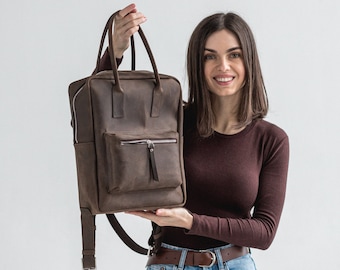 Classic Leather Laptop Backpack, Personalized Travel Bag