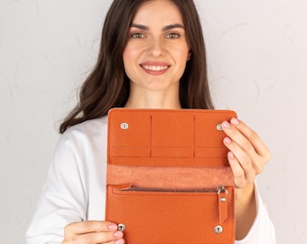 Cartera de mujer de piel granulada fina / Cartera de piel auténtica hecha a mano con cremallera / Cartera larga de piel para uso diario / Carteras de piel