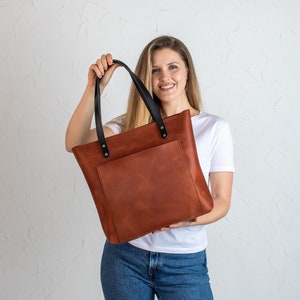 Cognac Leather Tote Bag: Handmade Cowhide Shoulder Bag
