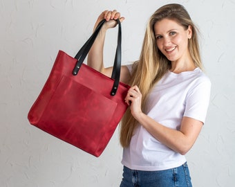 Red Leather Tote Bag | Women Leather Shoulder Bag | Personalization Leather Tote Bag with Optional Zipper Outside Pocket Crossbody Strap