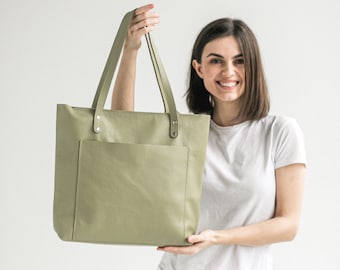 Olive pebbled leather tote women bag | Handmade leather shoulder bag | Tote bag with zipper and outside pocket | Personalization tote purse