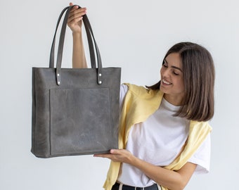 Leather Tote Bag For Women Men • Leather Shoulder Bag With Zipper Pocket • Everyday Leather Crossbody Bag • Gray Leather Purse