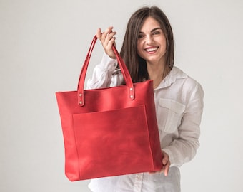 Red Leather Tote Bags For Valentines gift • Work Student Bag • Personalized Leather Purse Shoulder Bag • Leather Tote Bag With Zipper Pocket