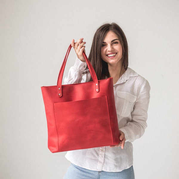 Bolsos tote de cuero rojo para regalo de San Valentín • Bolso de estudiante de trabajo • Bolso de hombro de monedero de cuero personalizado • Bolso tote de cuero con bolsillo con cremallera