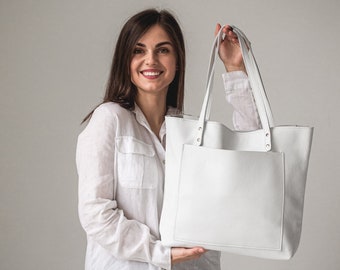 White Leather Tote Bag For Women • Leather Handbag • Leather Shoulder Bag • Womens Work Leather Bag • Leather Crossbody Bag • Custom Tote