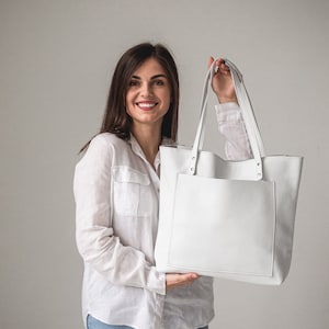 White Leather Tote Bag For Women Leather Handbag Leather Shoulder Bag Womens Work Leather Bag Leather Crossbody Bag Custom Tote image 1