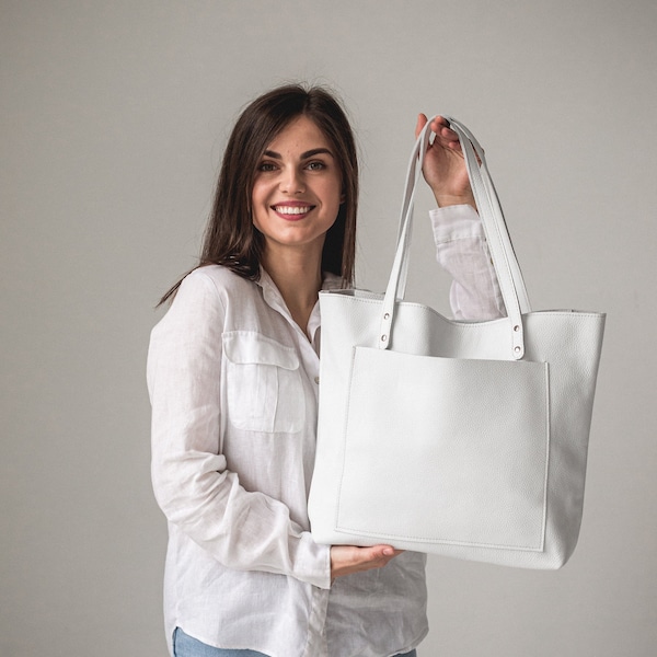 White Leather Tote Bag For Women • Leather Handbag • Leather Shoulder Bag • Womens Work Leather Bag • Leather Crossbody Bag • Custom Tote