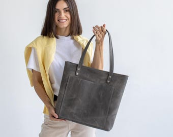 Bolso tote de piel hecho a mano: bolso de hombro grande de piel de vaca con cremallera.