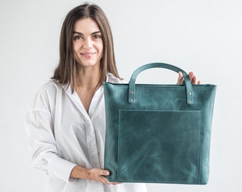【F】Human Made Leather Tote Bag Tall Leather Tote Bag| Handmade Leather Tote Bags for Men