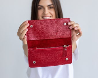 Valentinstagsgeschenk für Sie Leder rot schlankes Portemonnaie Leder lange Geldbörse Kieselleder Portemonnaie Personalisiert Valentine es Wallet Gravur Geschenk