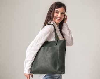 Personalized Large Leather Tote Bag • Leather Zipper Tote With Monogram • Leather Zipper Pocket Handbag • Work Tote Women Personalized Bag