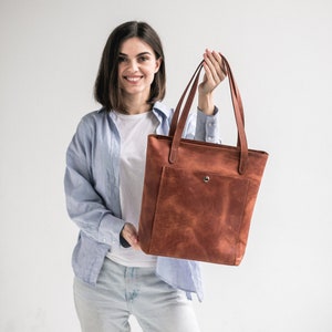 Genuine Leather Tote Bag with Personalization | Leather Shoulder Women Bag | Leather Travel Bag with Optional Outside Pocket Crossbody Strap