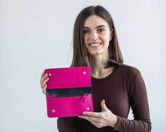 Echtes Leder Slim Brieftasche • Double Face Leder Brieftasche • Leder Slim Brieftaschen mit Reißverschluss • Personalisierte Leder Slim Pink Brieftasche