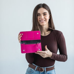Cartera delgada de cuero genuino • Cartera delgada de cuero de doble cara • Cartera delgada de cuero con cremallera • Cartera delgada rosa de cuero personalizada