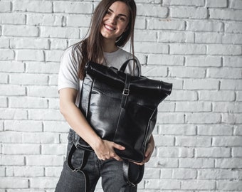 Großer Roll-Top-Rucksack aus Leder • Schwarzer Büffelleder-Rucksack • Frauen-Reise-Rucksack mit Reißverschluss • Herren-Roll-Top-Rucksäcke mit Taschen