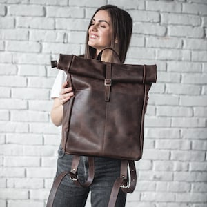 Zaini arrotolabili in vera pelle • Zaino da viaggio in pelle da donna • Borsa zaino in pelle da college • Zaino grande per tutti i giorni con cerniera